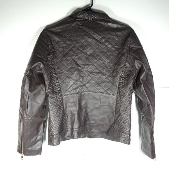 Cavalini Ci Sono Women's Sz M Brown Faux Leather Quilted Front Zip Biker Jacket - Picture 7 of 11